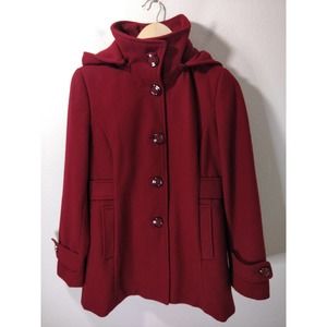 Kenneth Cole Reaction Wine Red Long Wool Blend Hooded Button Pea Coat Size 8
